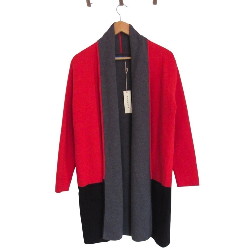 Burgess Sweater Cardigan Travel Coat Small Red Black Gray Long Line Colorblock